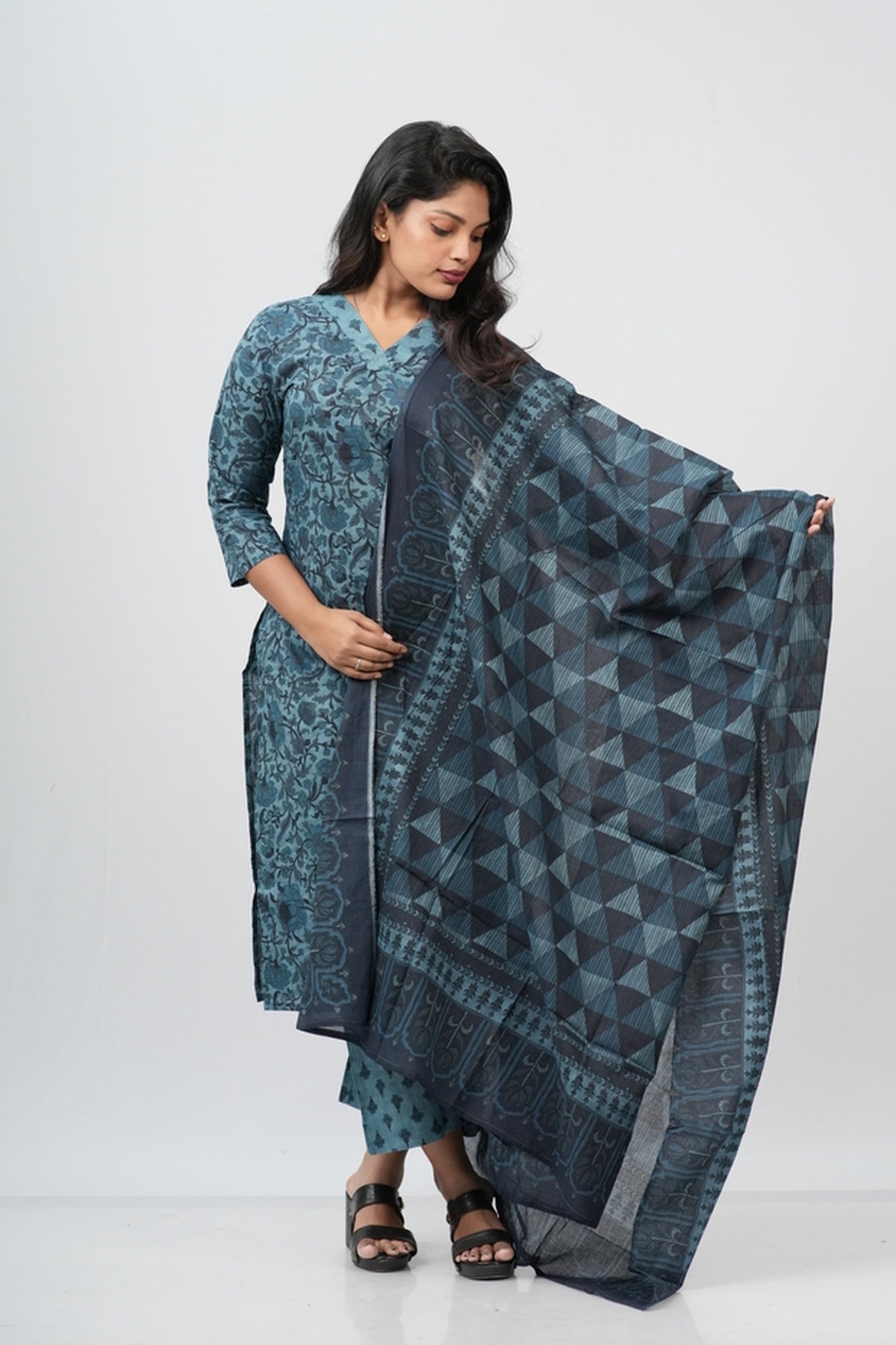 Teal Blue Floral Cotton Straight Suit Set