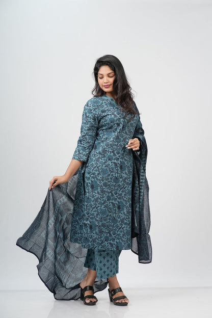 Teal Blue Floral Cotton Straight Suit Set