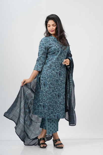 Teal Blue Floral Cotton Straight Suit Set