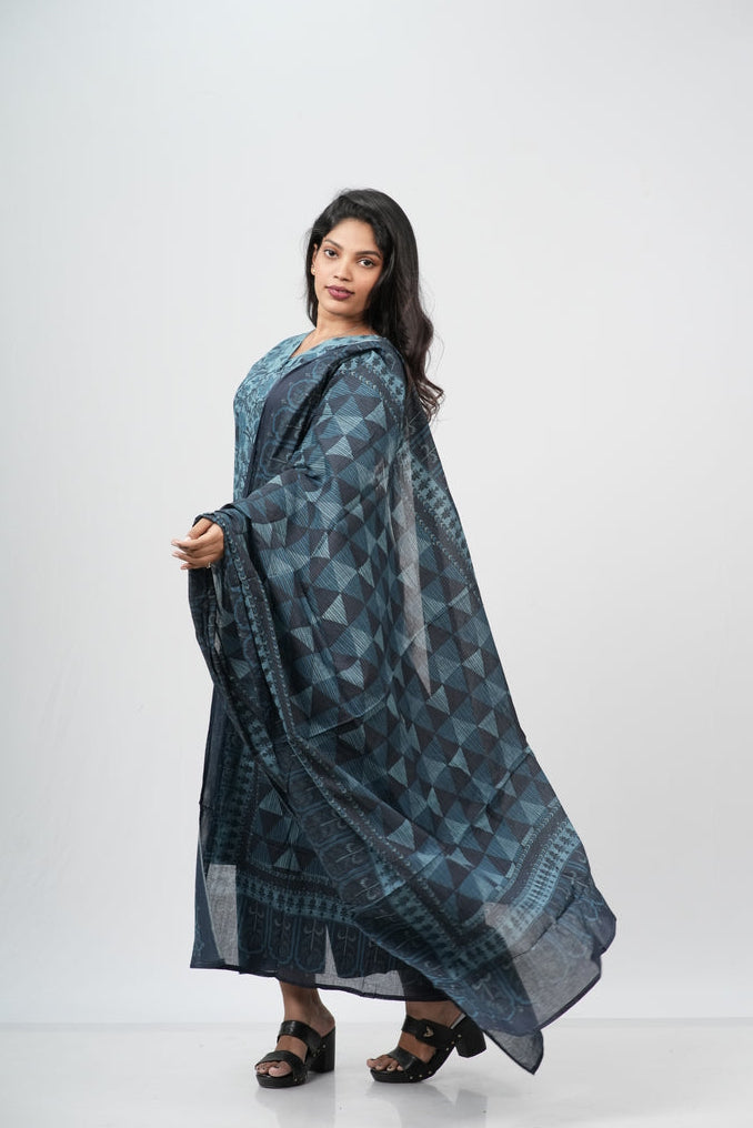 Teal Blue Floral Cotton Straight Suit Set
