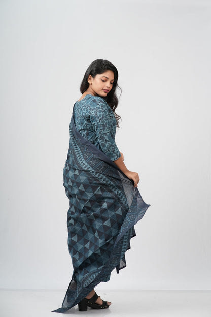 Teal Blue Floral Cotton Straight Suit Set