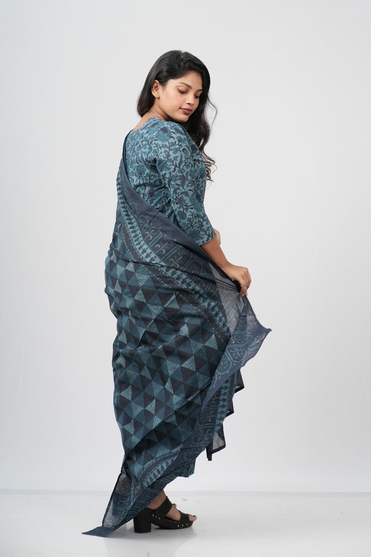 Teal Blue Floral Cotton Straight Suit Set
