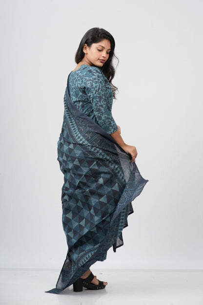 Teal Blue Floral Cotton Straight Suit Set
