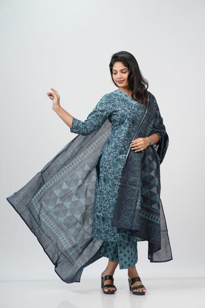 Teal Blue Floral Cotton Straight Suit Set