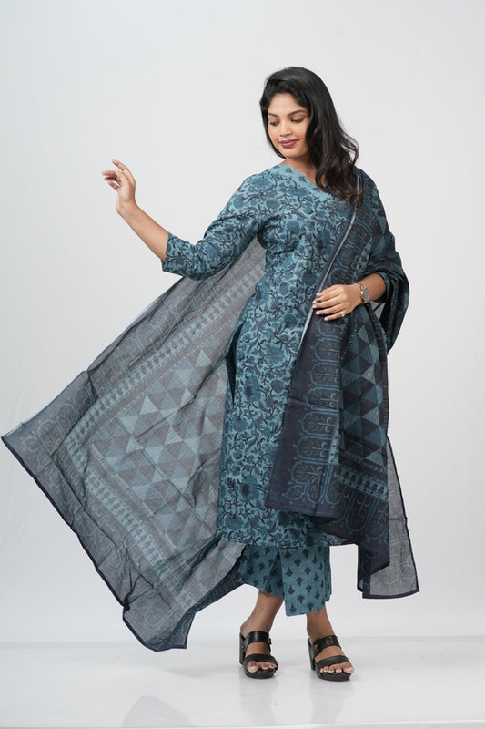 Teal Blue Floral Cotton Straight Suit Set