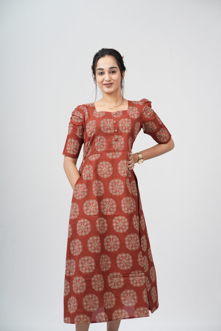 Terracotta Ajrakh Cotton Puff Sleeve A-Line Dress
