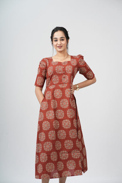 Terracotta Ajrakh Cotton Puff Sleeve A-Line Dress