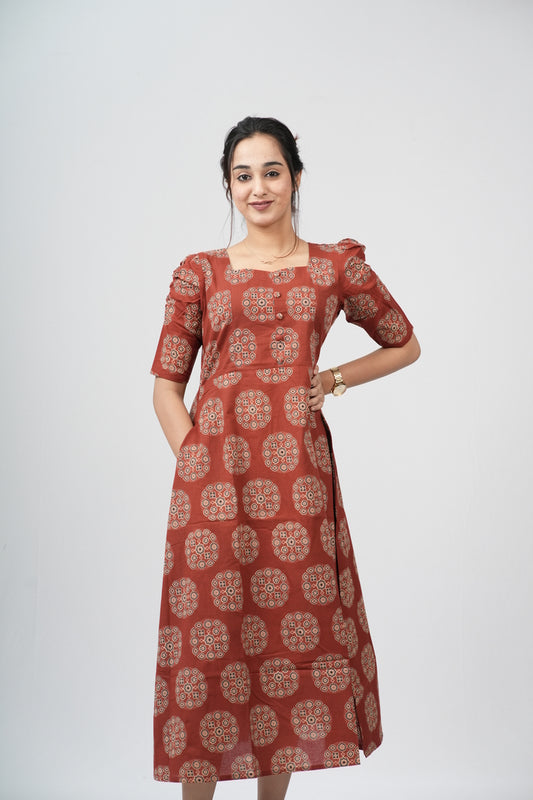 Terracotta Ajrakh Cotton Puff Sleeve A-Line Dress