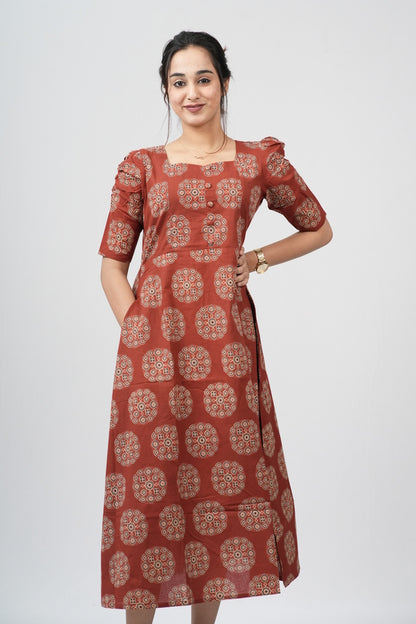 Terracotta Ajrakh Cotton Puff Sleeve A-Line Dress
