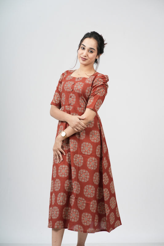 Terracotta Ajrakh Cotton Puff Sleeve A-Line Dress