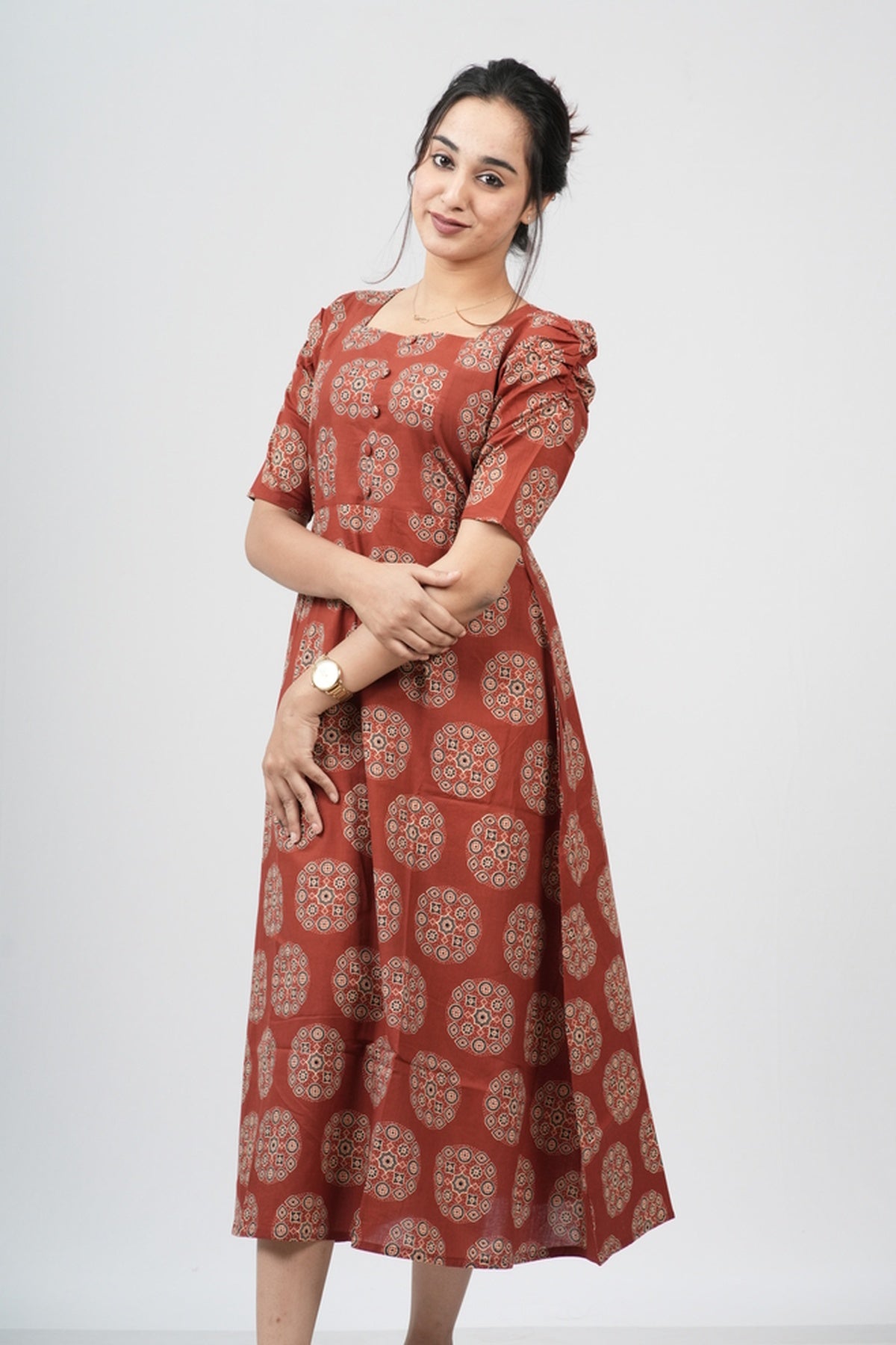Terracotta Ajrakh Cotton Puff Sleeve A-Line Dress