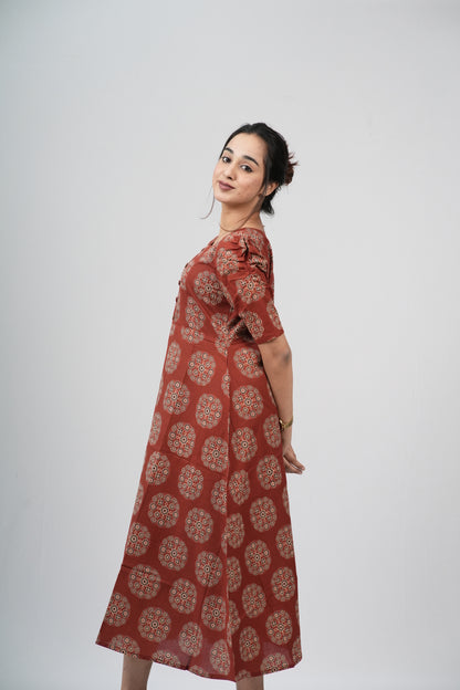 Terracotta Ajrakh Cotton Puff Sleeve A-Line Dress