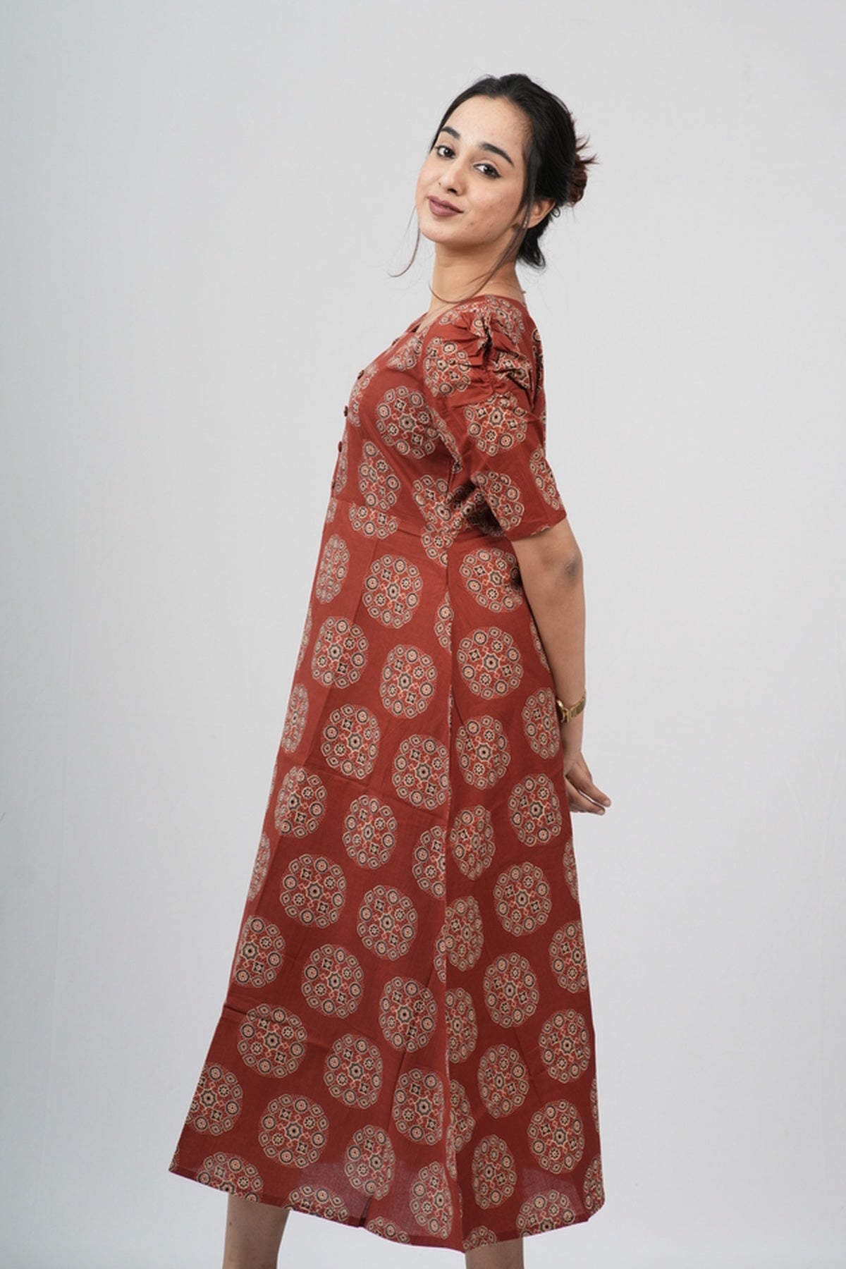 Terracotta Ajrakh Cotton Puff Sleeve A-Line Dress
