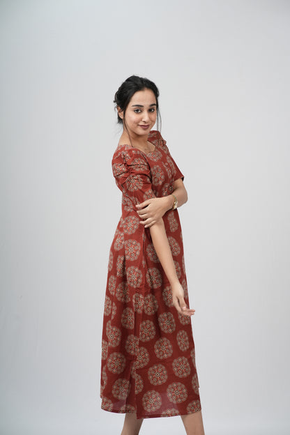 Terracotta Ajrakh Cotton Puff Sleeve A-Line Dress