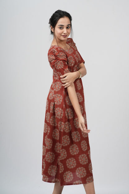 Terracotta Ajrakh Cotton Puff Sleeve A-Line Dress