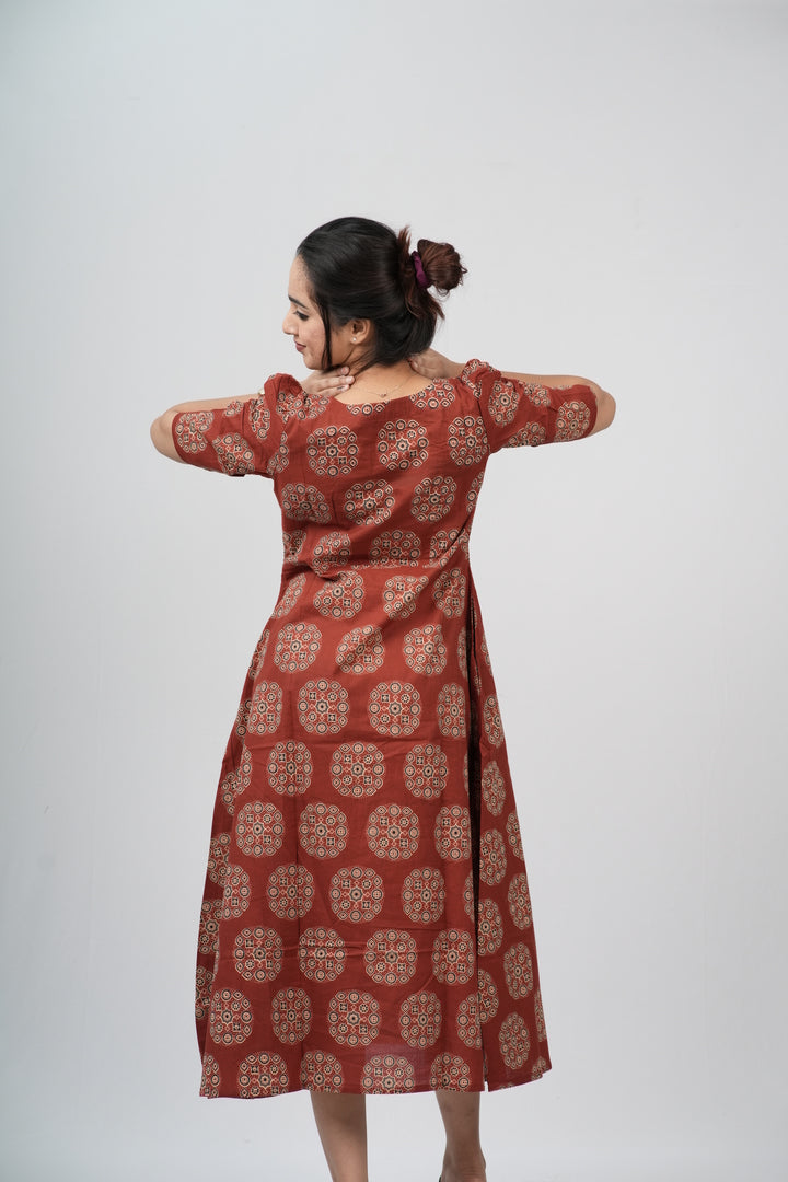 Terracotta Ajrakh Cotton Puff Sleeve A-Line Dress