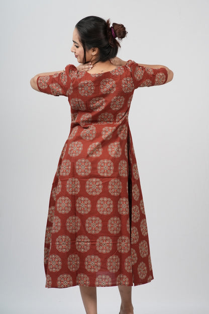 Terracotta Ajrakh Cotton Puff Sleeve A-Line Dress