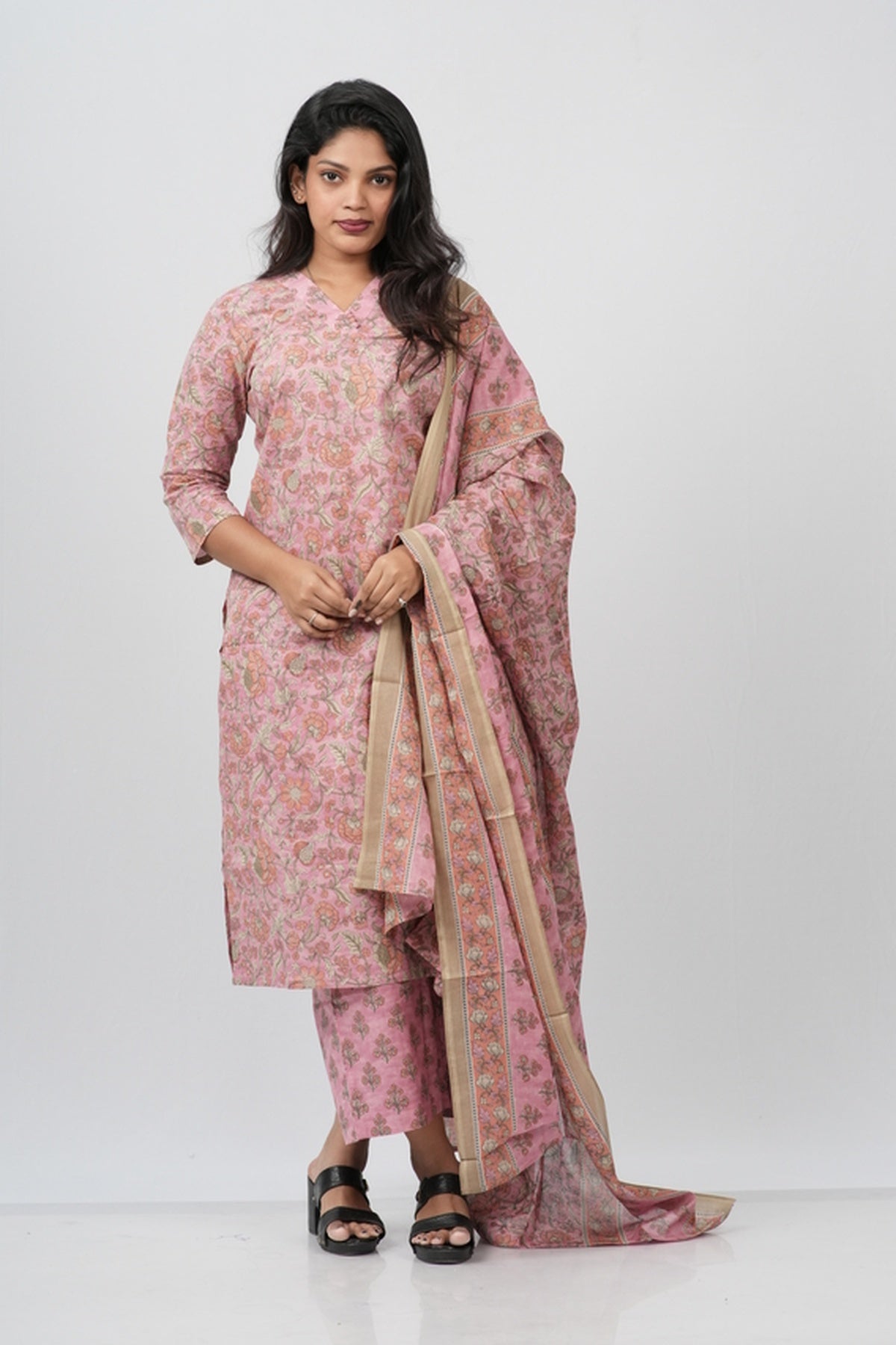 Dusty Rose Floral Cotton Straight Suit