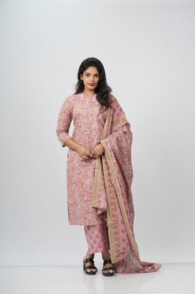 Dusty Rose Floral Cotton Straight Suit
