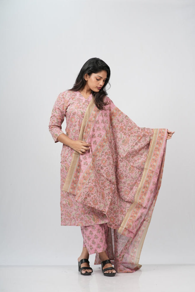 Dusty Rose Floral Cotton Straight Suit