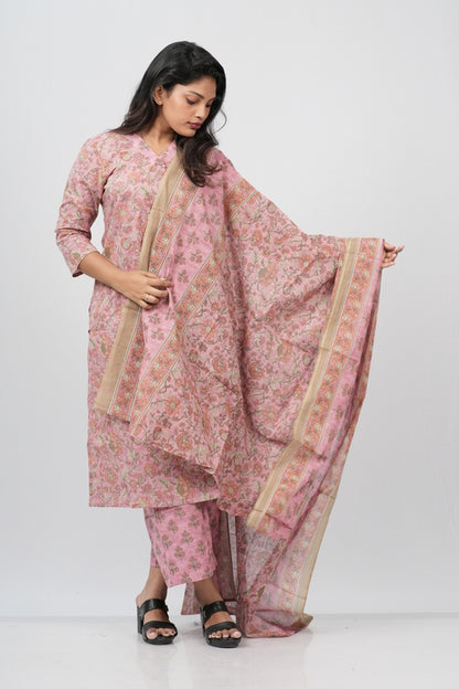 Dusty Rose Floral Cotton Straight Suit