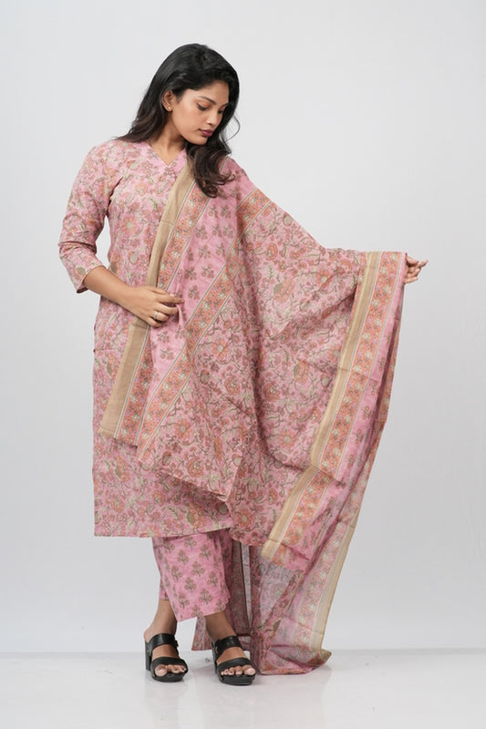 Dusty Rose Floral Cotton Straight Suit