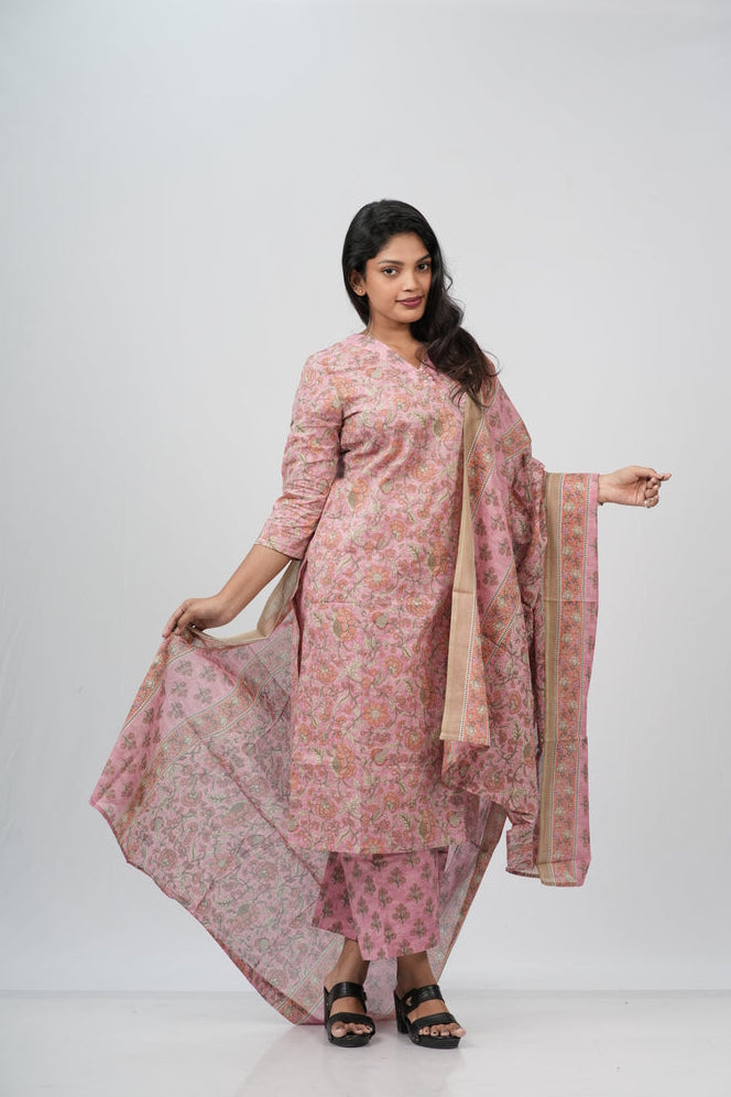 Dusty Rose Floral Cotton Straight Suit