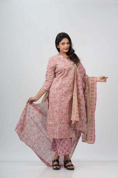 Dusty Rose Floral Cotton Straight Suit