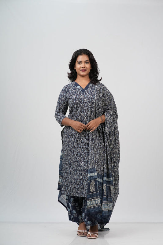 Indigo Blue Floral Cotton Straight Suit
