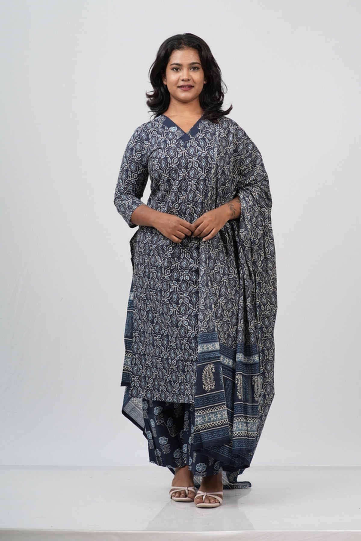 Indigo Blue Floral Cotton Straight Suit