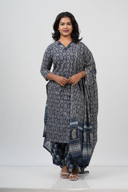 Indigo Blue Floral Cotton Straight Suit