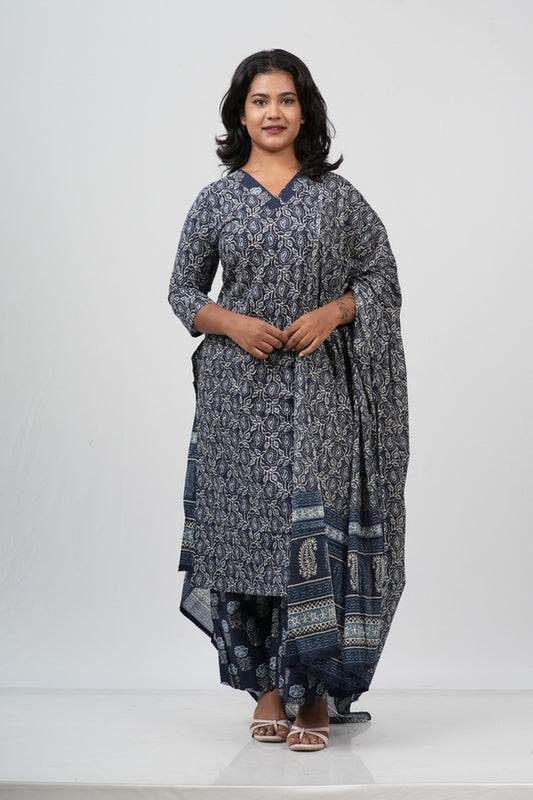 Indigo Blue Floral Cotton Straight Suit