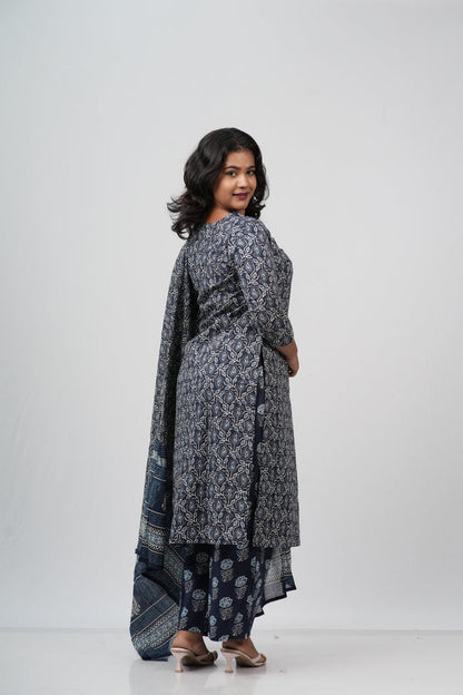 Indigo Blue Floral Cotton Straight Suit