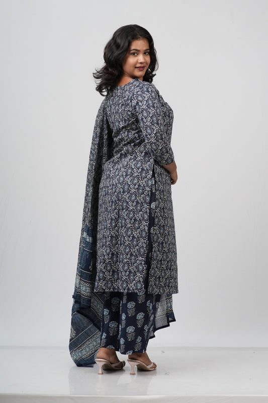 Indigo Blue Floral Cotton Straight Suit