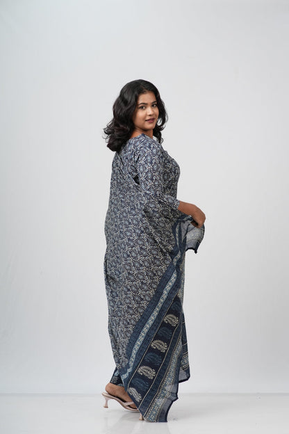 Indigo Blue Floral Cotton Straight Suit