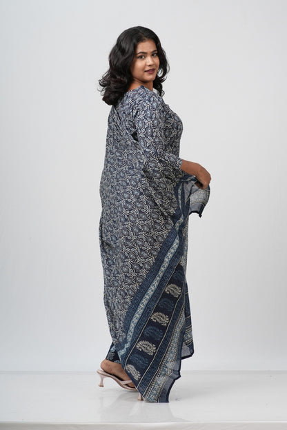 Indigo Blue Floral Cotton Straight Suit