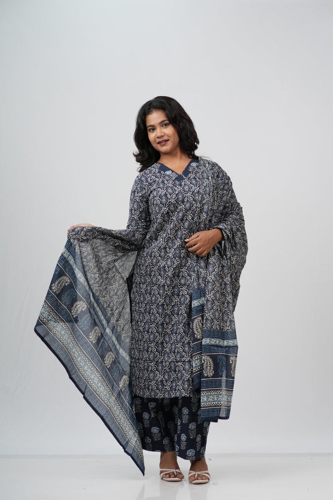 Indigo Blue Floral Cotton Straight Suit