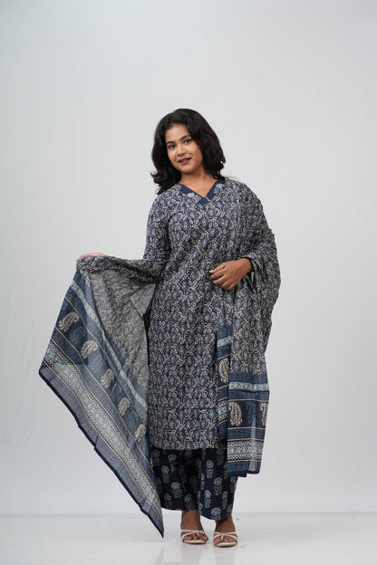 Indigo Blue Floral Cotton Straight Suit