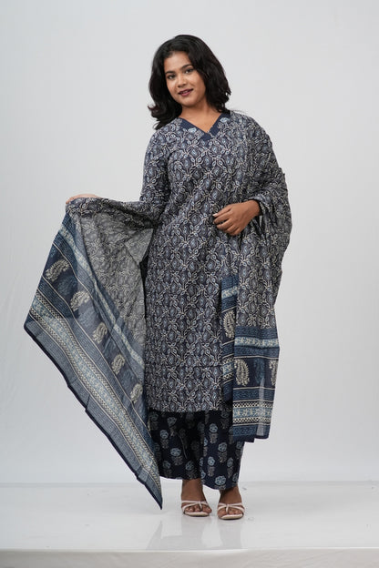 Indigo Blue Floral Cotton Straight Suit