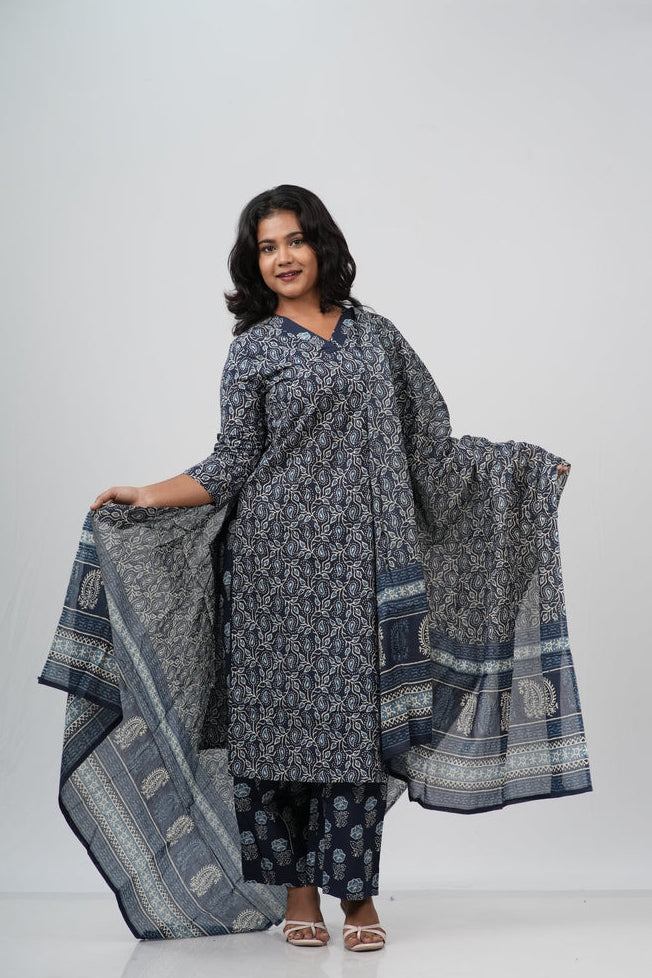 Indigo Blue Floral Cotton Straight Suit