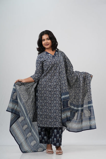 Indigo Blue Floral Cotton Straight Suit