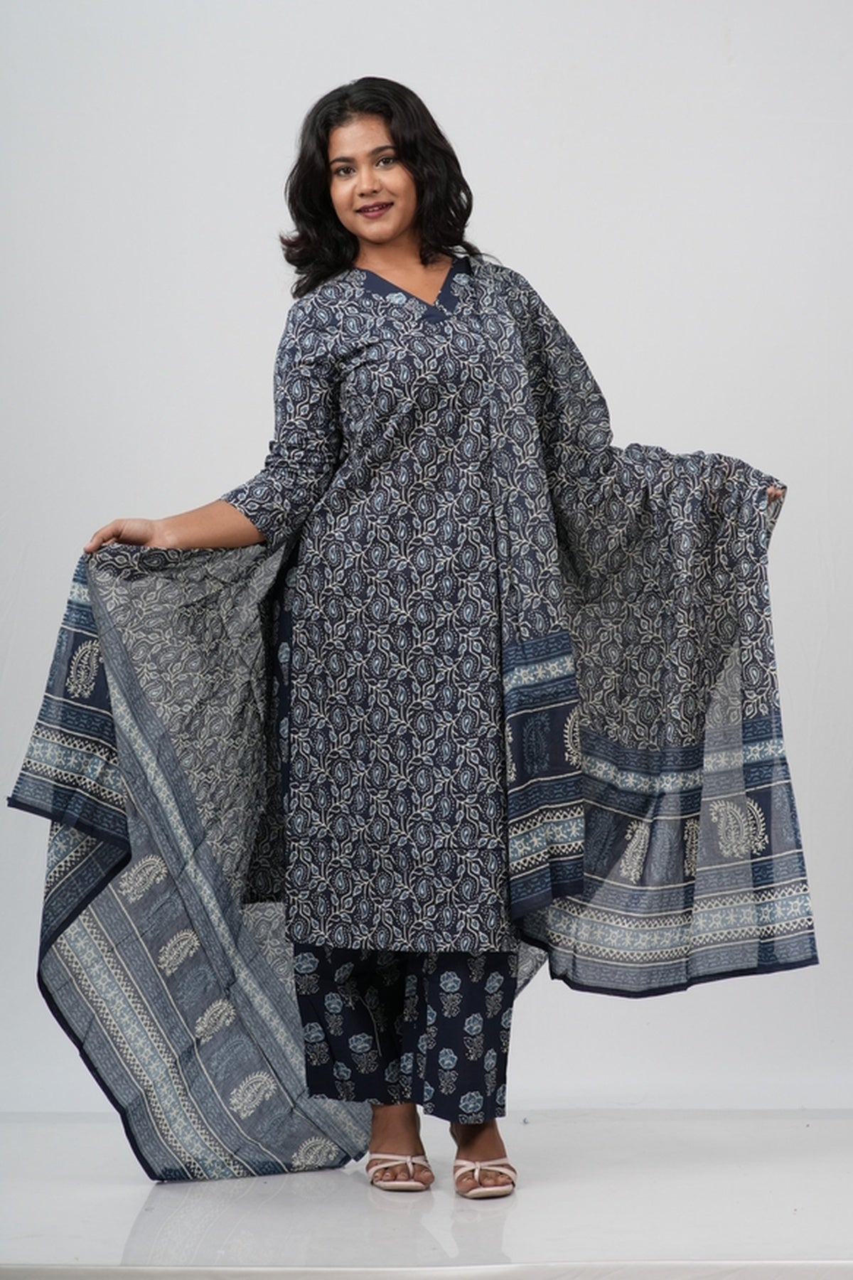 Indigo Blue Floral Cotton Straight Suit