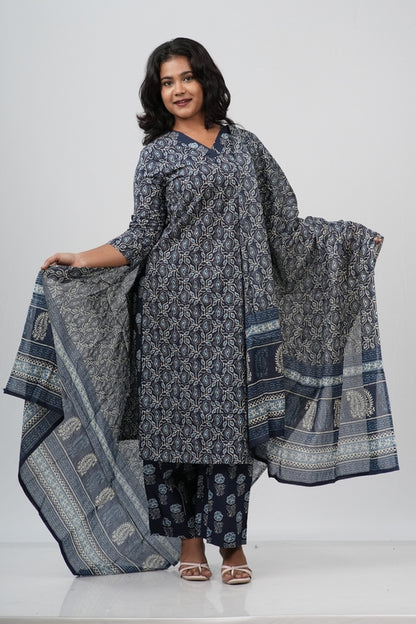 Indigo Blue Floral Cotton Straight Suit