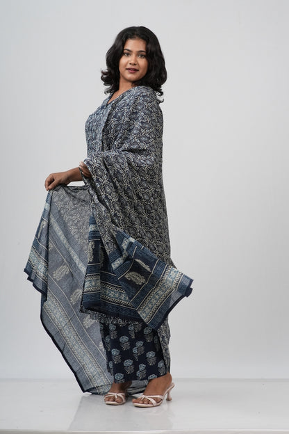 Indigo Blue Floral Cotton Straight Suit