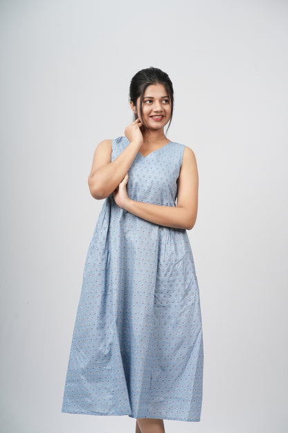 Powder Blue Micro-Buti Cotton Sleeveless A-Line Dress