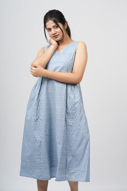 Powder Blue Micro-Buti Cotton Sleeveless A-Line Dress