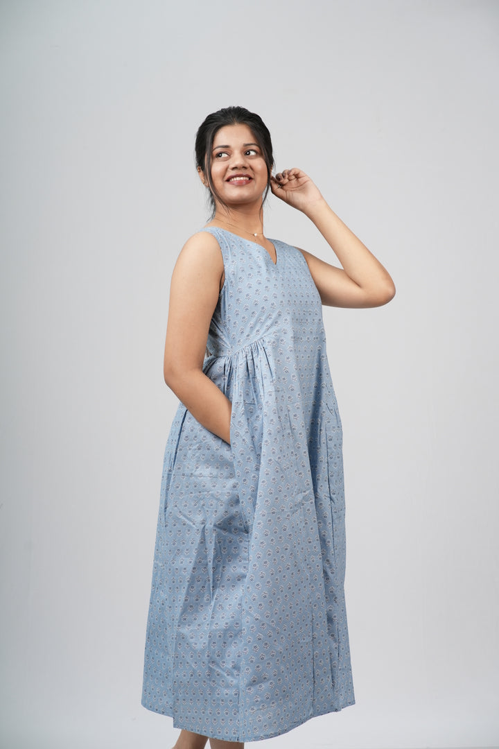 Powder Blue Micro-Buti Cotton Sleeveless A-Line Dress