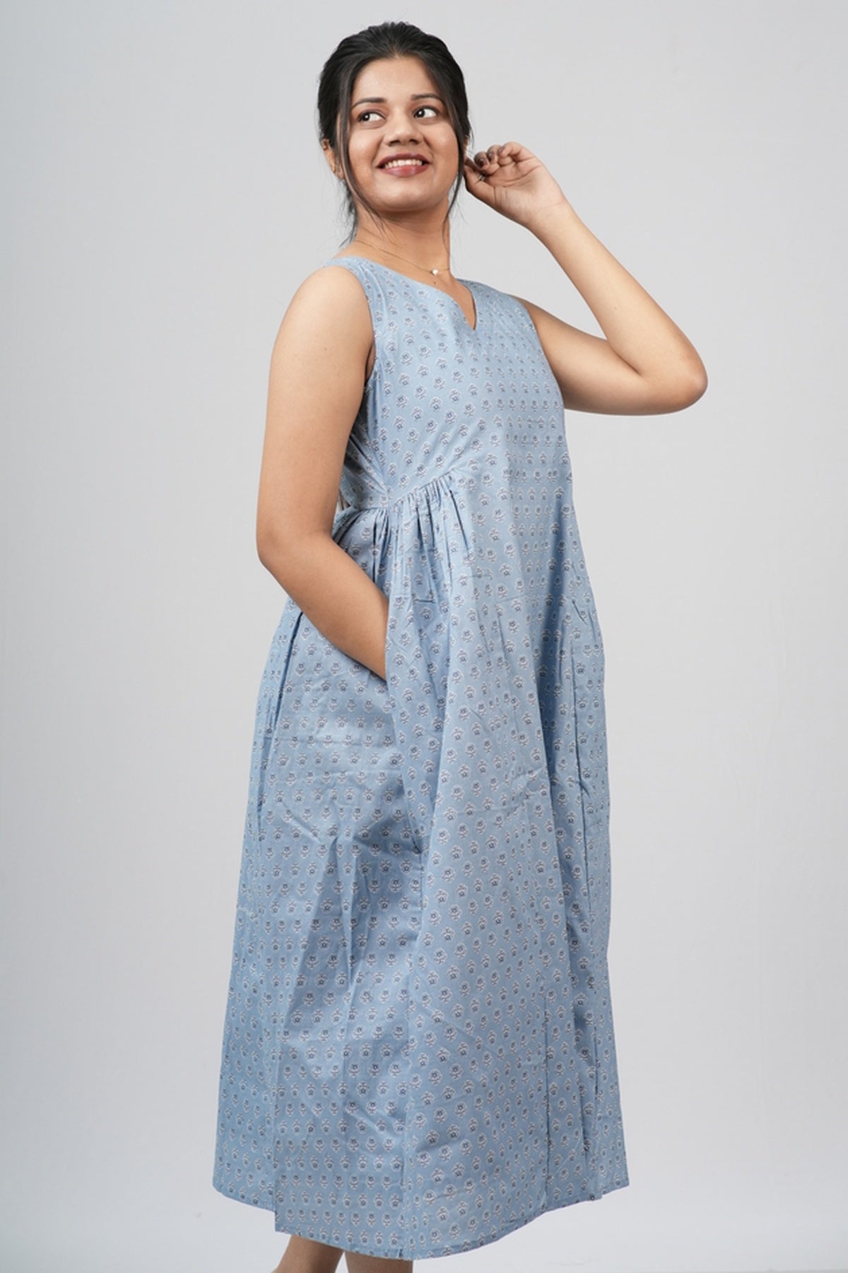 Powder Blue Micro-Buti Cotton Sleeveless A-Line Dress
