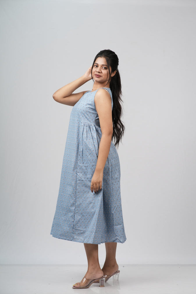 Powder Blue Micro-Buti Cotton Sleeveless A-Line Dress