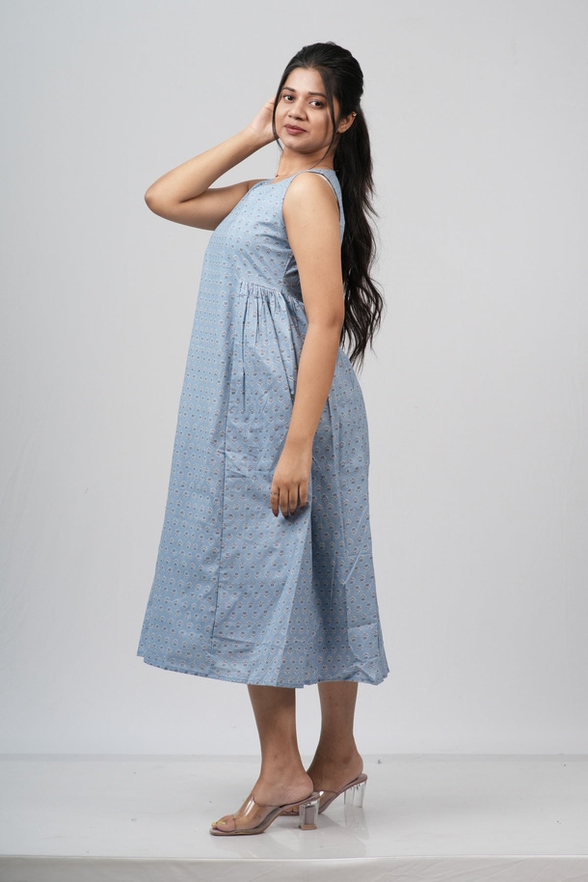 Powder Blue Micro-Buti Cotton Sleeveless A-Line Dress